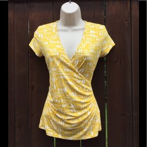 Boden, Yellow & White, Faux Wrap, V-Neck Tee